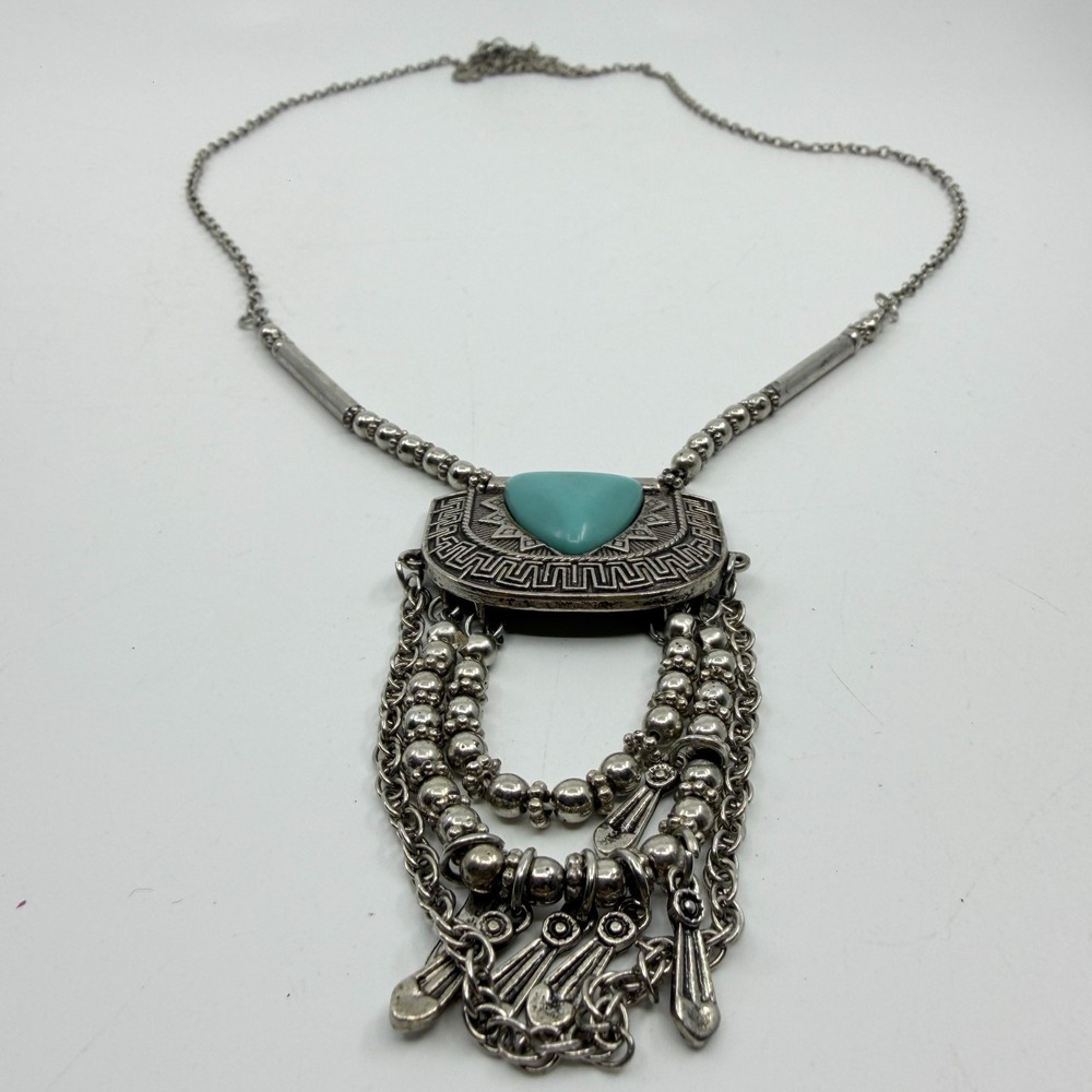 Boho Statement Necklace Silver-Tone Geometric Triangle Teal Dangle Fringe Gift